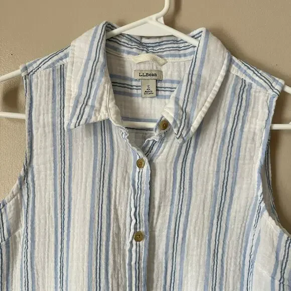 LL Bean Seersucker Shirt Womens SMALL Sleeveless Top Preppy Summer Casual Stripe - Picture 2 of 11